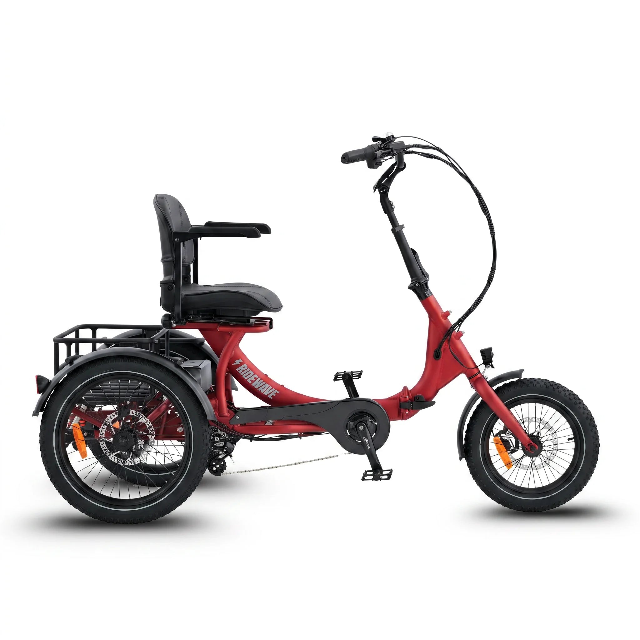 Red electric tricycle with a basket on a white background #color_red 