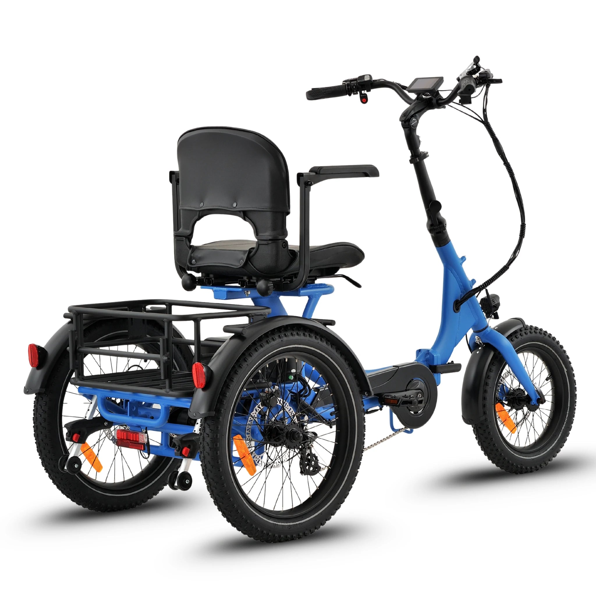 Ridewave Platypus sky blue folding electric trike three-quarter front view with rear cargo basket #color_sky-blue