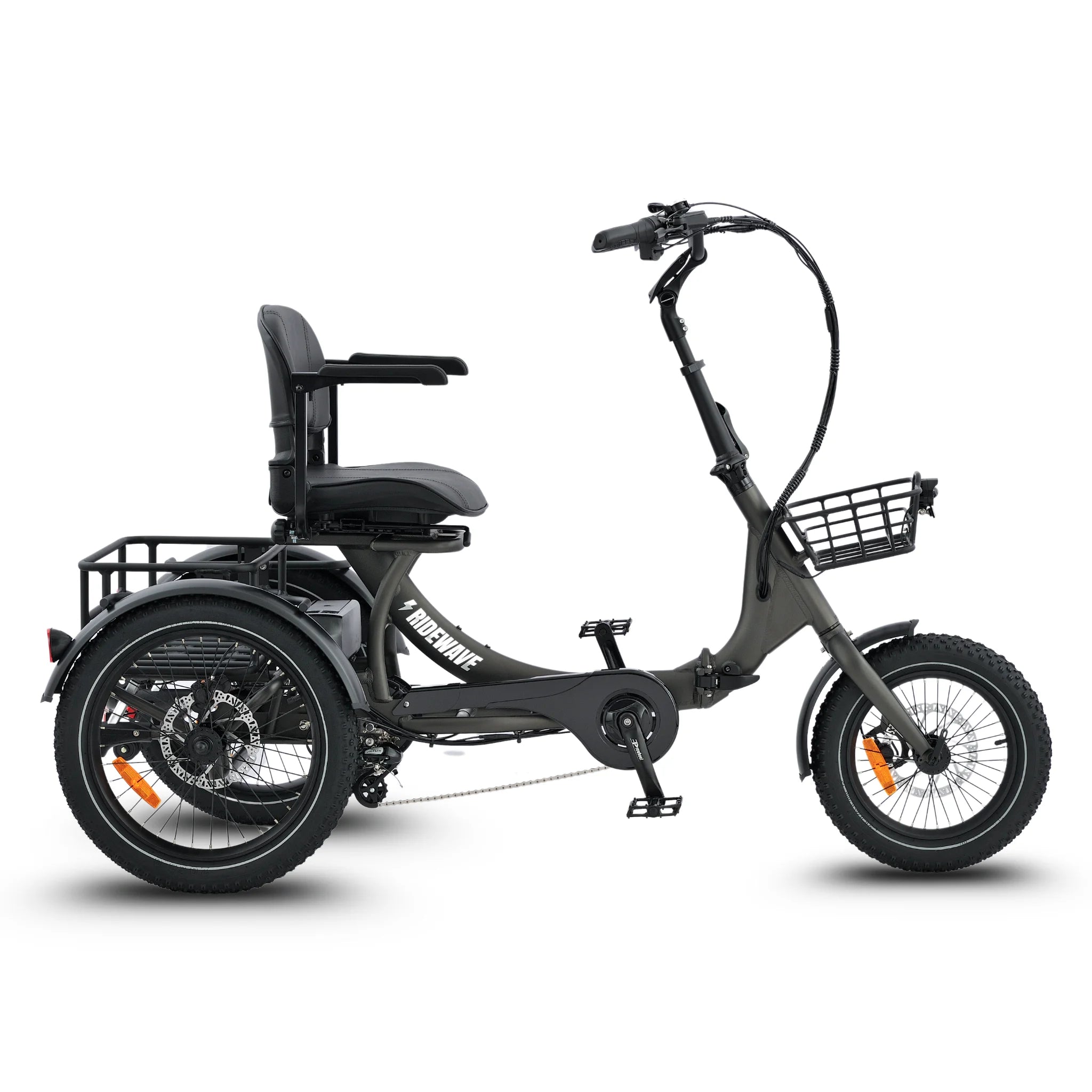 #color_graphite Platypus Folding Electric Trike in graphite with seat and front basket