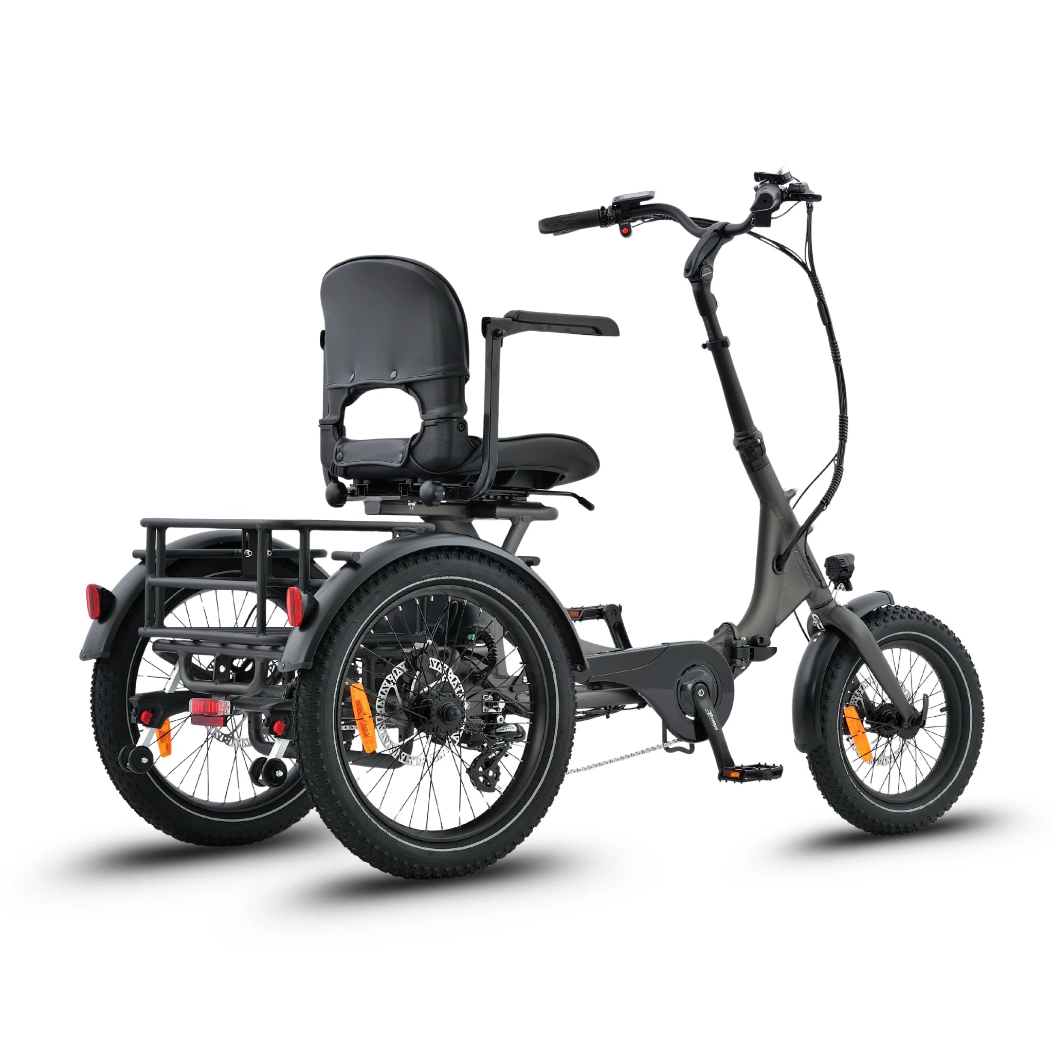 #color_graphite Platypus Folding Electric Trike rear angle view showing stable three-wheel design