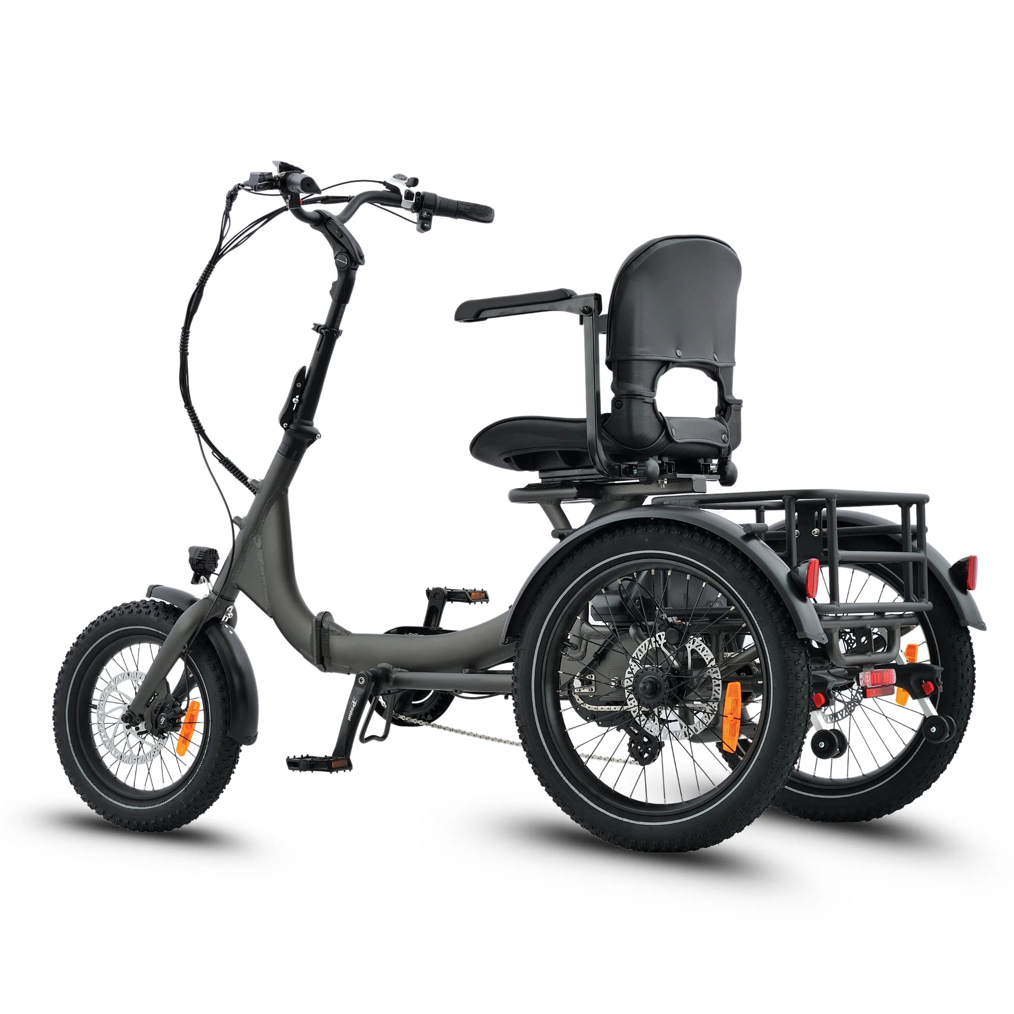 #color_graphite Platypus folding electric trike side view with wide tyres and comfortable seat