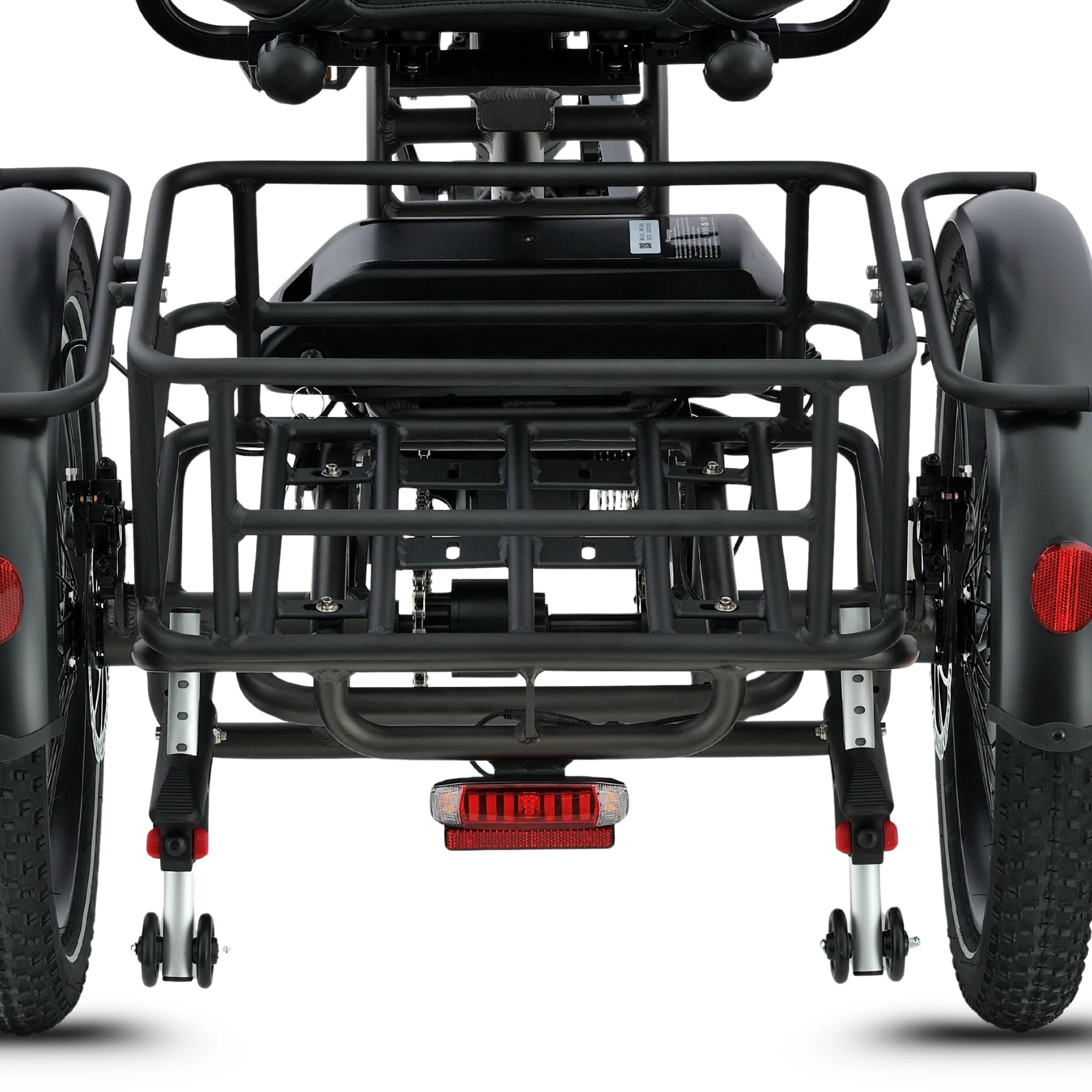 all-groups Close-up of a black three-wheeled vehicle with a basket on a white background