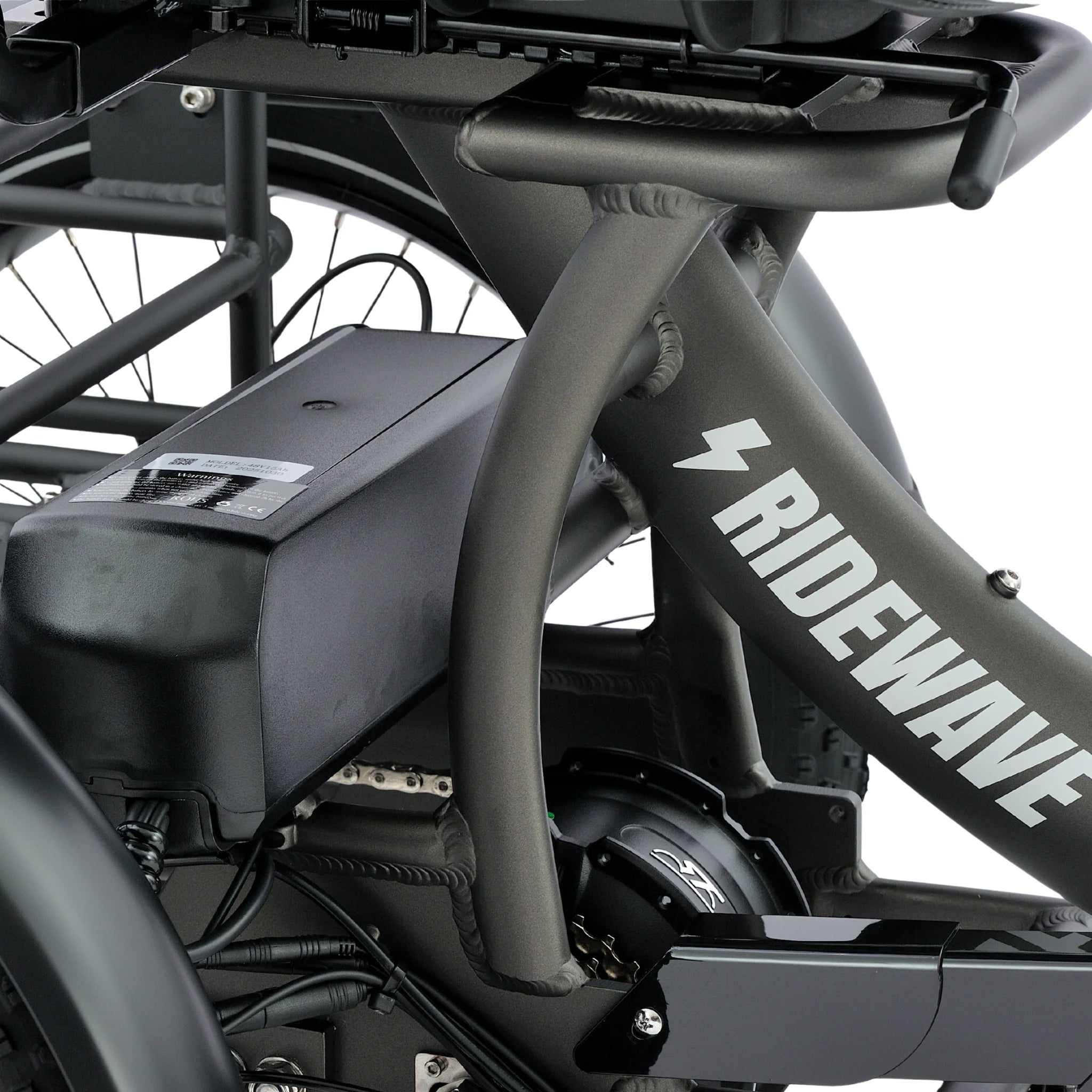 all-groups Close-up of a bicycle with 'RIDEWAVE' branding on a white background