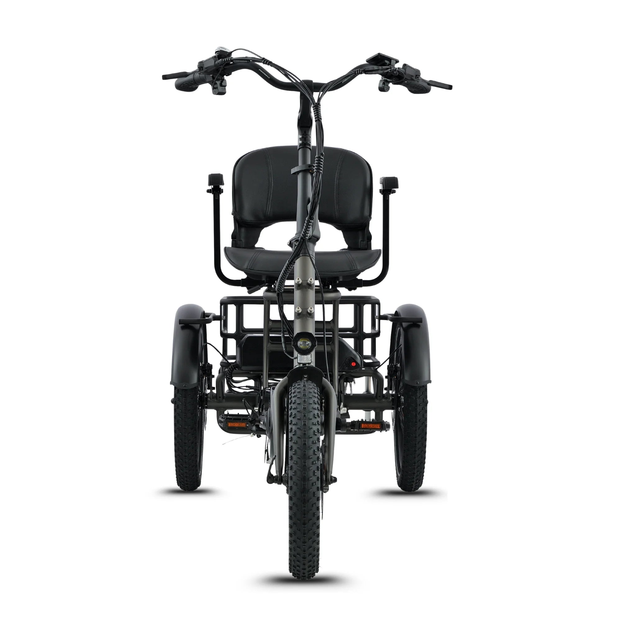#color_graphite Platypus Folding Electric Trike front view with upright handlebars