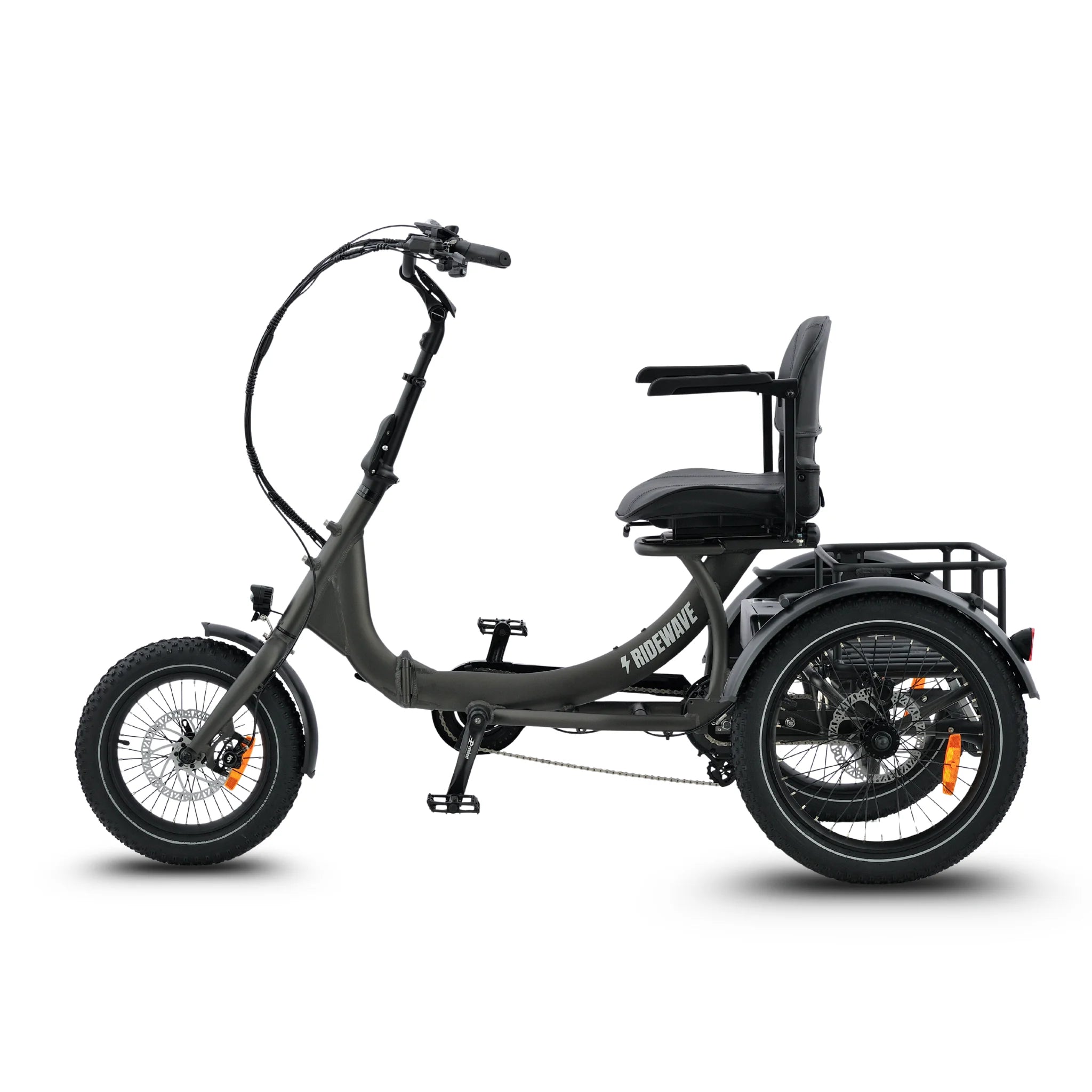 #color_graphite Platypus folding electric trike with seat and cargo basket in graphite