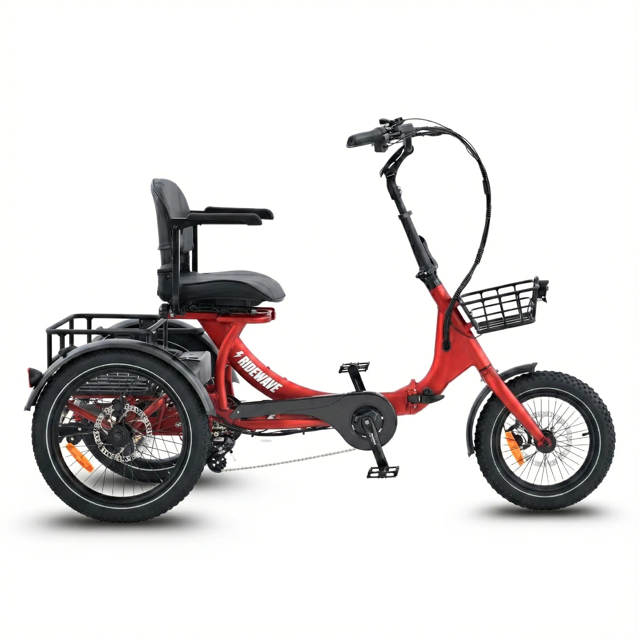 #color_red Red electric tricycle with a basket on a white background