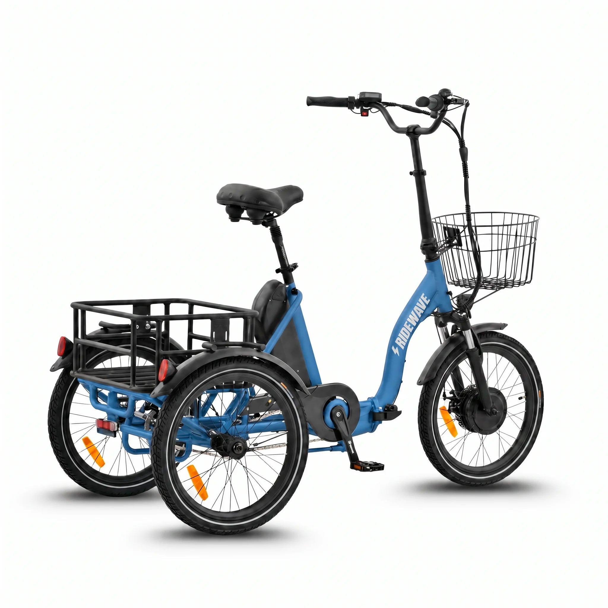 Blue tricycle with a basket and cargo rack on a white background #color_sky-blue