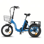 Blue electric tricycle with a basket and cargo box on a white background #color_sky-blue