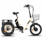 Beige electric tricycle with a basket on a white background #color_cream