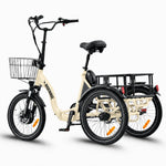 Beige three-wheeled bike with a basket and small trailer on a white background #color_cream
