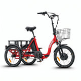 Red electric tricycle with a basket on a white background #color_red
