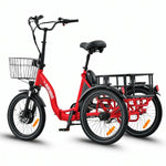 Red electric tricycle with a basket on a white background #color_red