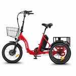 Red electric tricycle with a basket and cargo rack on a white background #color_red