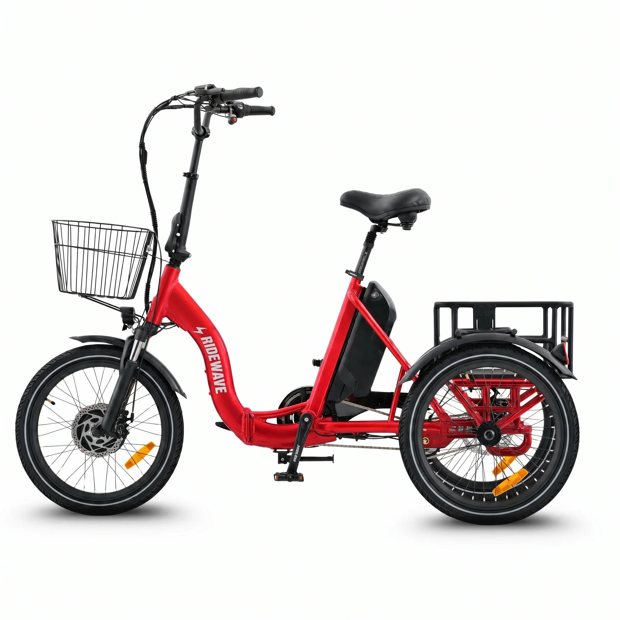 Red electric tricycle with a basket and cargo rack on a white background #color_red