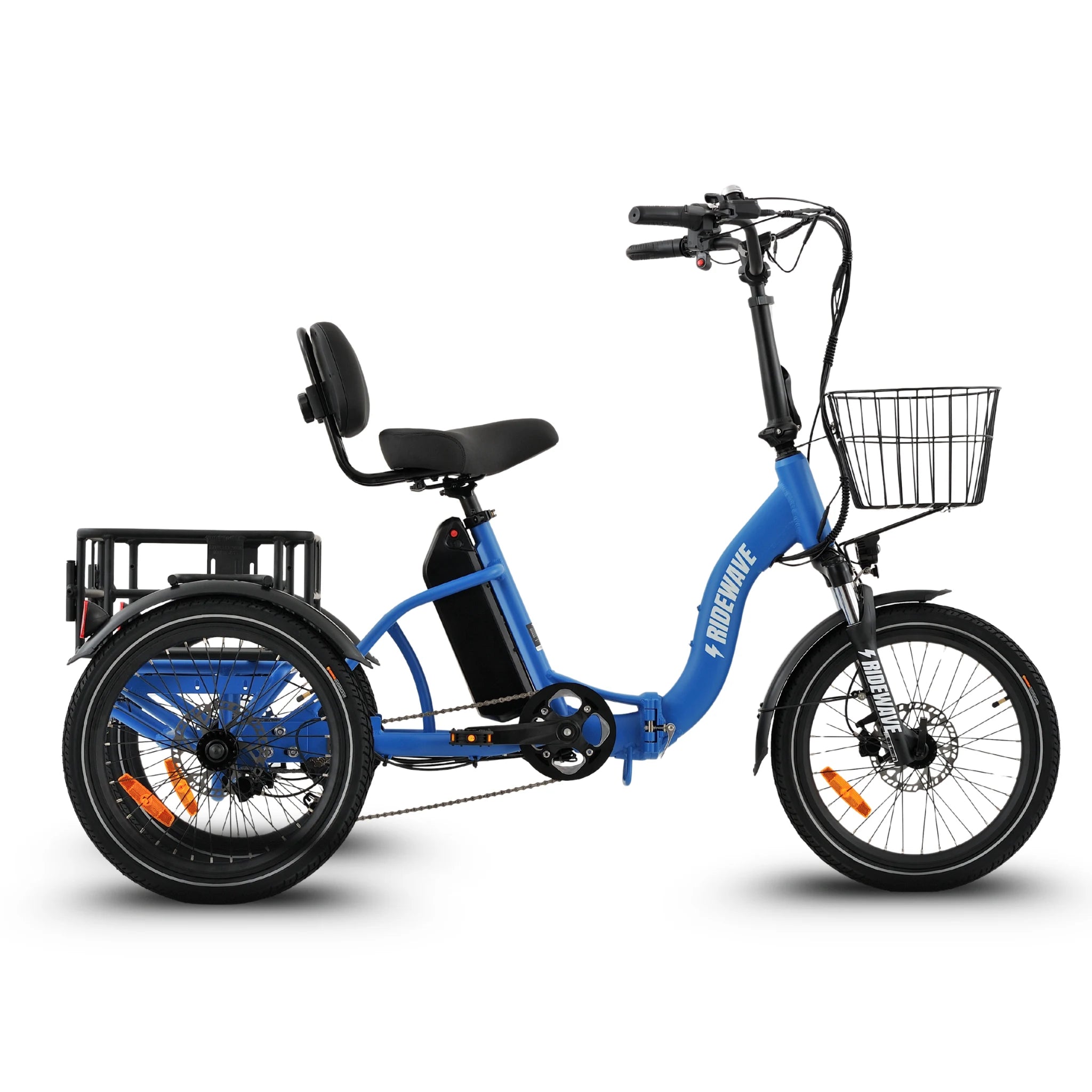 Ridewave Quokka sky blue electric trike side view with front basket and rear cargo basket #color_sky-blue