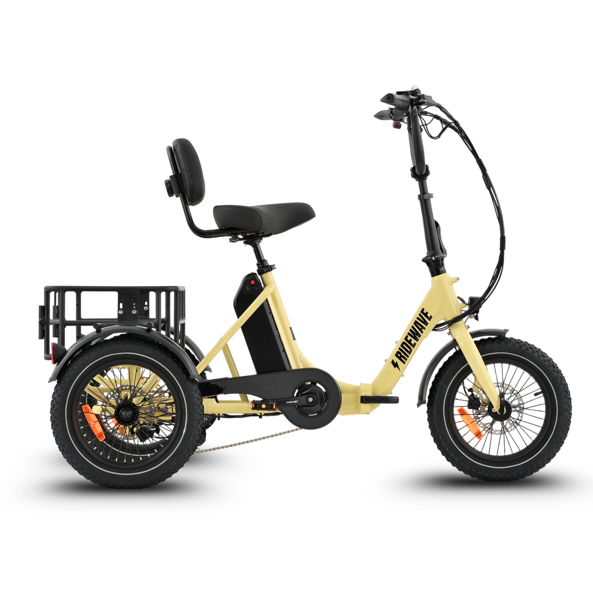 Ridewave Koala cream electric trike side view with step-through frame and rear basket #color_cream