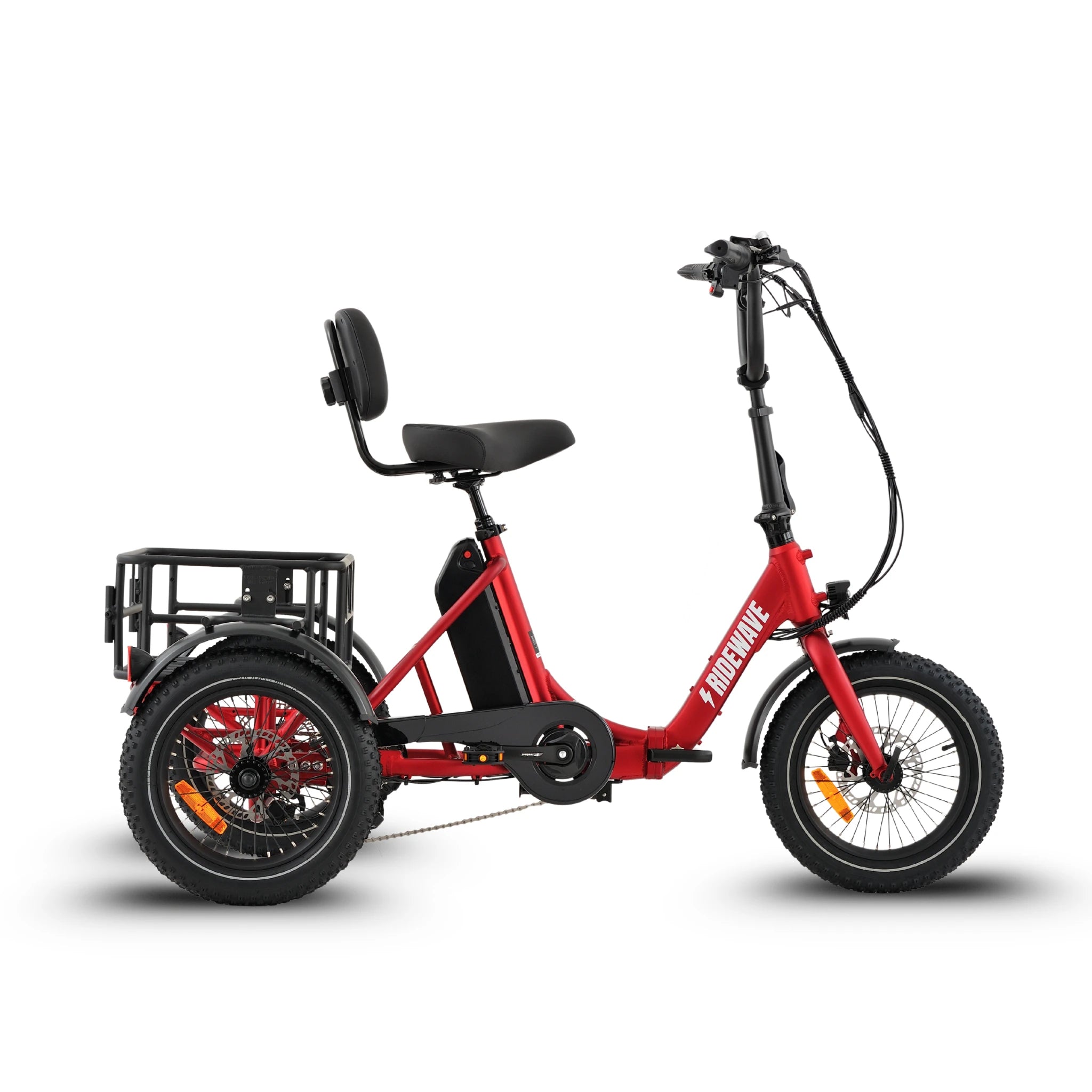 Ridewave Koala red electric trike side view with step-through frame and rear basket #color_red