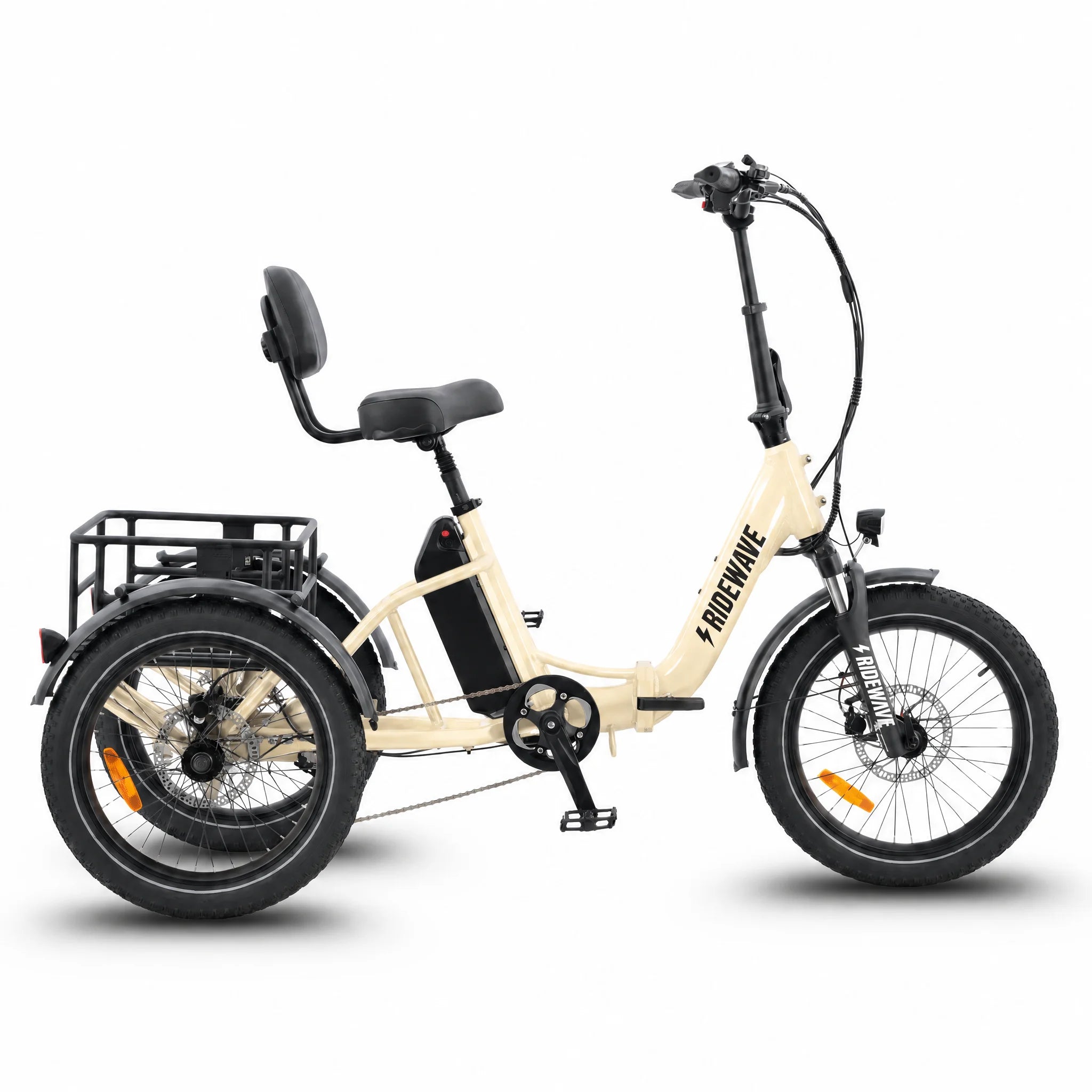 Beige electric tricycle with a seat and basket on a white background #color_cream