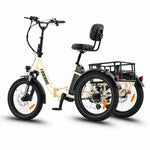 Three-wheeled electric bike with a seat and cargo basket on a white background #color_cream