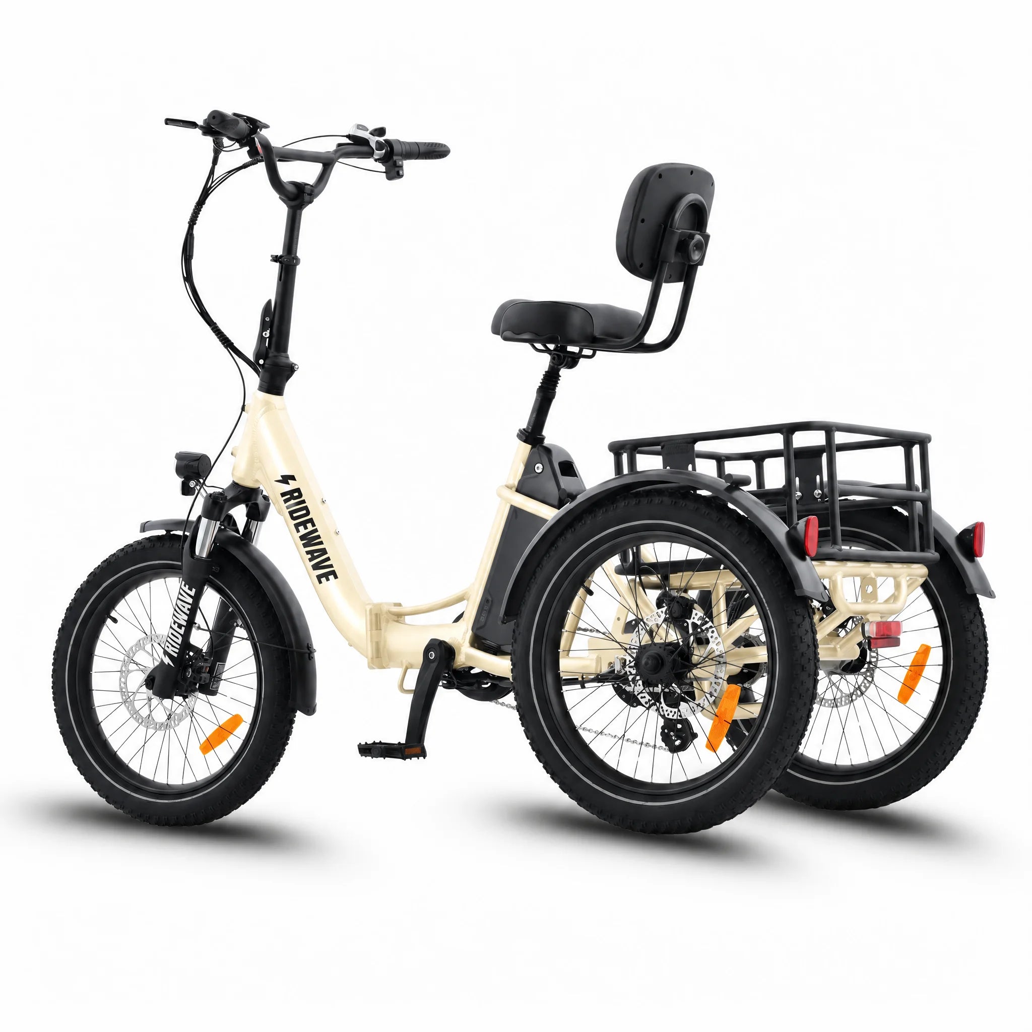 Three-wheeled electric bike with a seat and cargo basket on a white background #color_cream