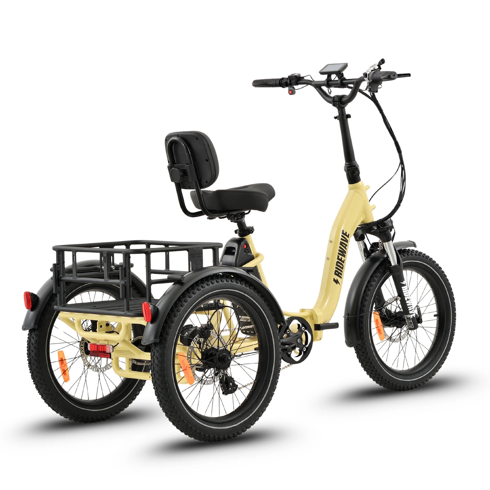 Ridewave Wallaby cream electric trike three-quarter front view with rear cargo basket #color_cream