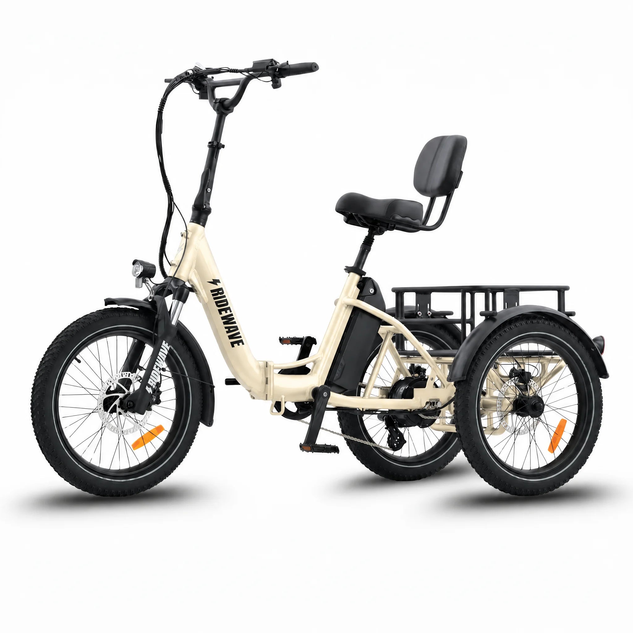 White electric tricycle with a seat and basket on a white background #color_cream