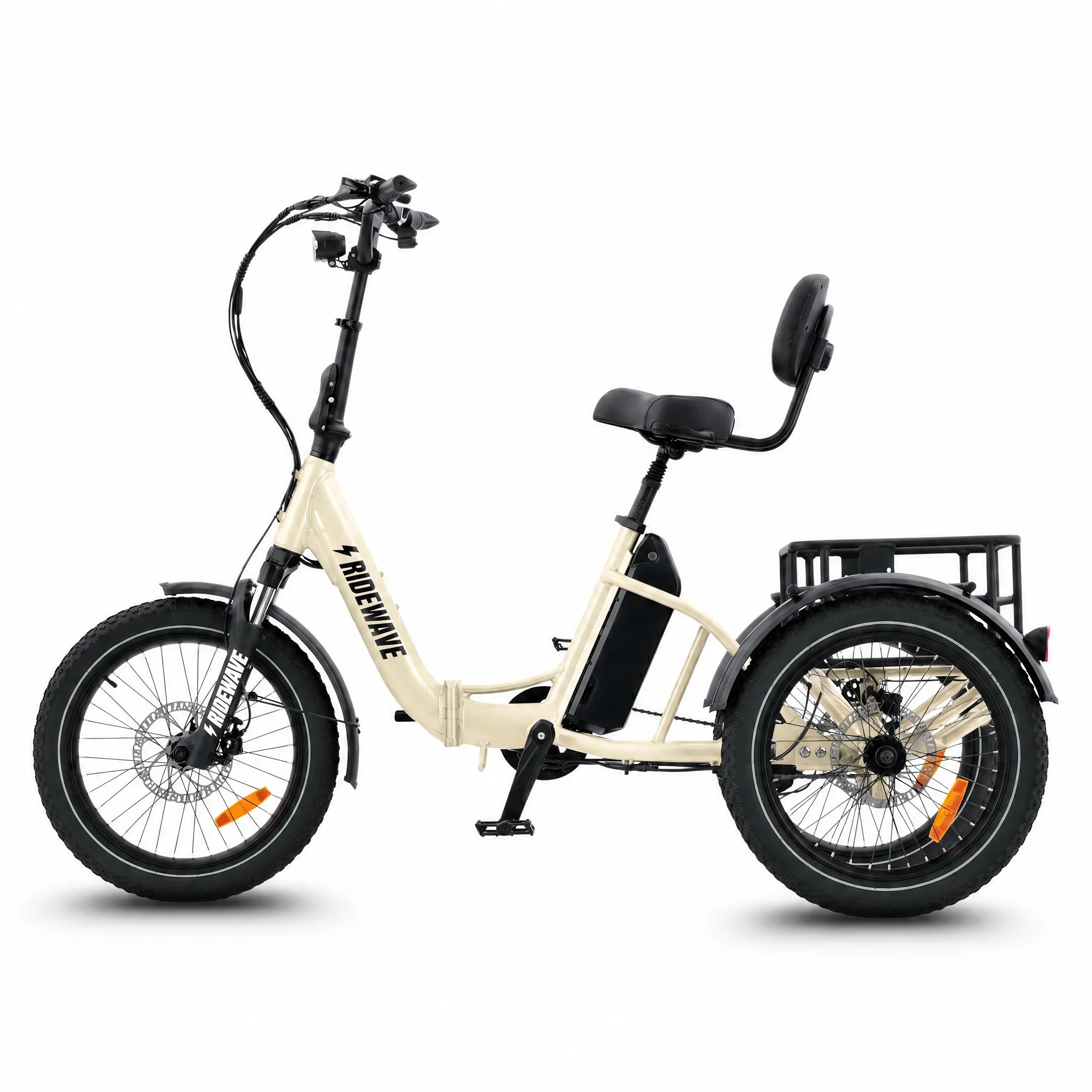 Beige electric tricycle with a black seat and basket on a white background #color_cream
