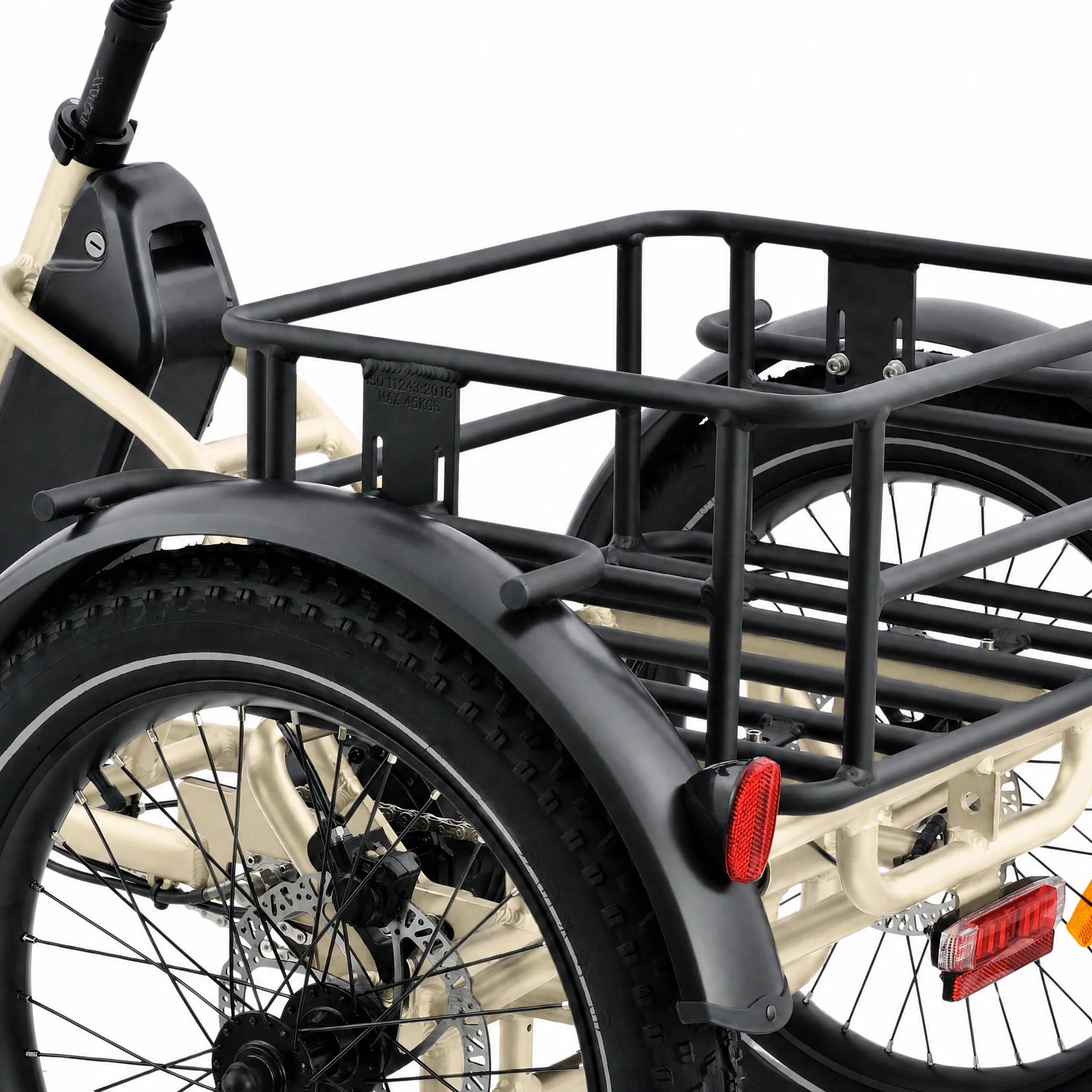 Close-up of a bicycle with a black cargo rack on a white background #color_cream