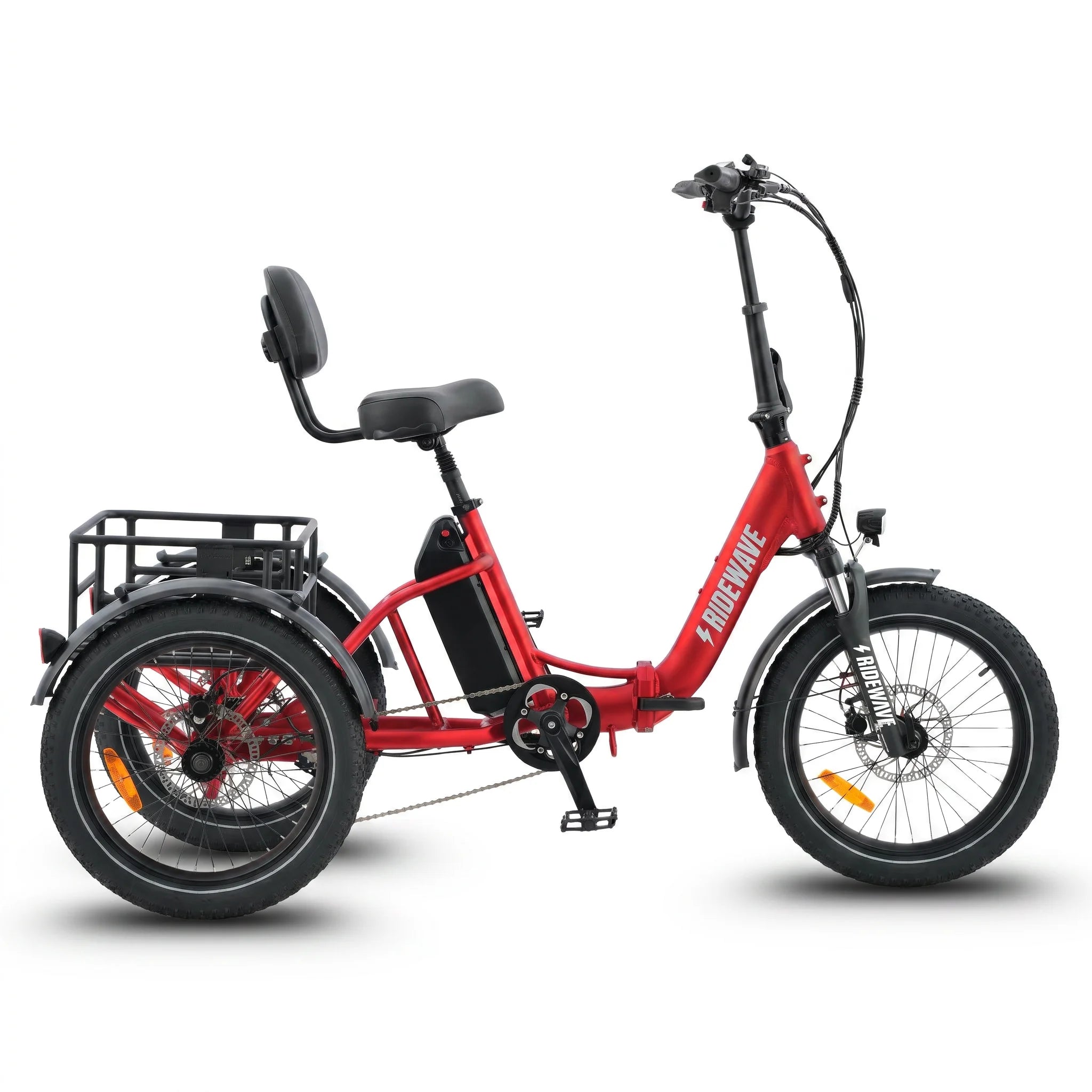 Red electric tricycle with a basket on a white background #color_red