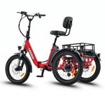 Red electric tricycle with a seat and basket on a white background #color_red