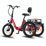 Red electric tricycle with a seat and basket on a white background #color_red