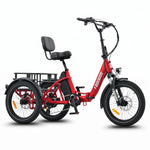 Red electric tricycle with a black seat and basket on a white background #color_red