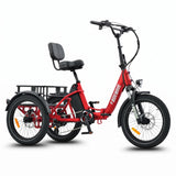 Red electric tricycle with a black seat and basket on a white background #color_red