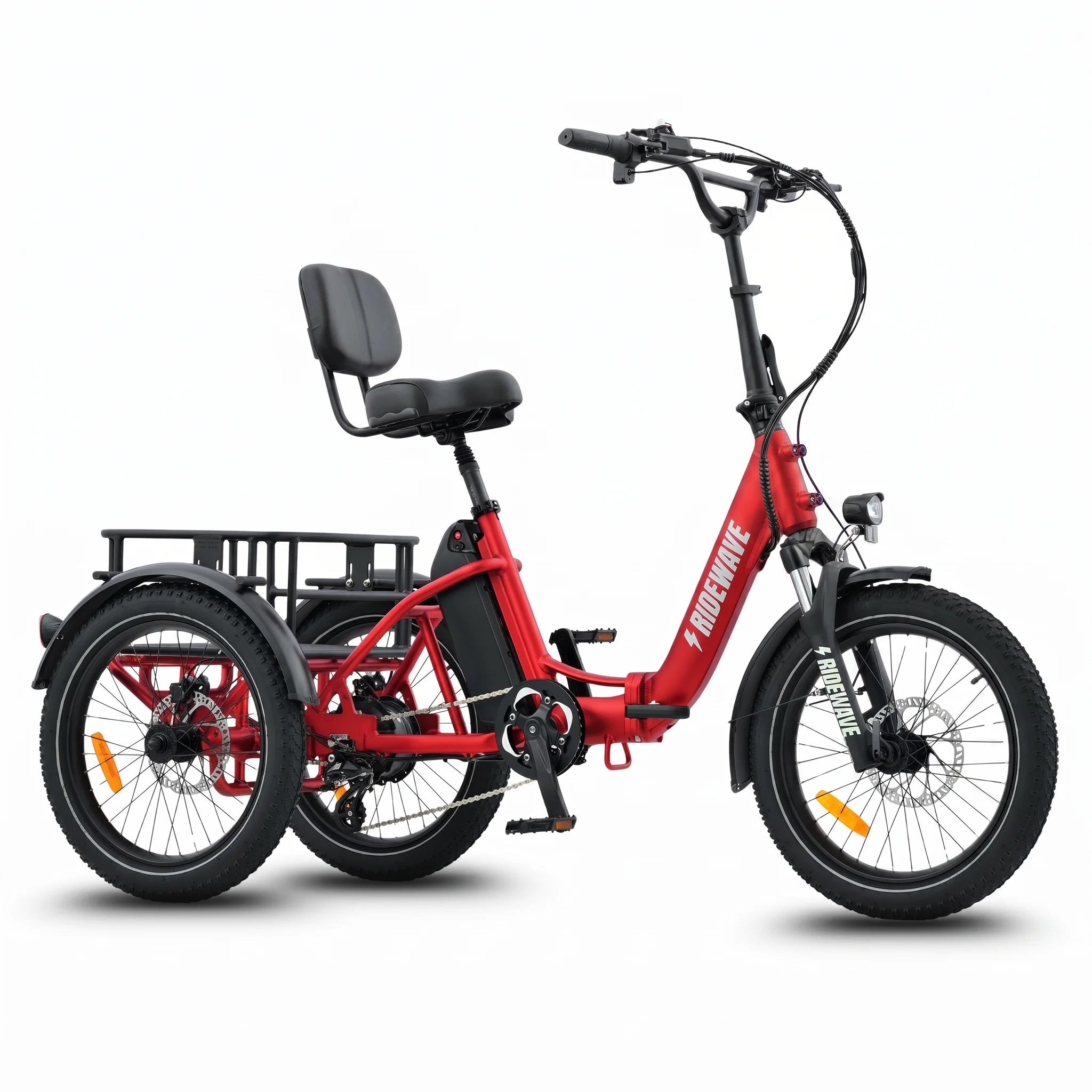 Red electric tricycle with a black seat and basket on a white background #color_red