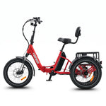 Red electric tricycle with a black seat and basket on a white background #color_red