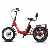 Red electric tricycle with a black seat and basket on a white background #color_red