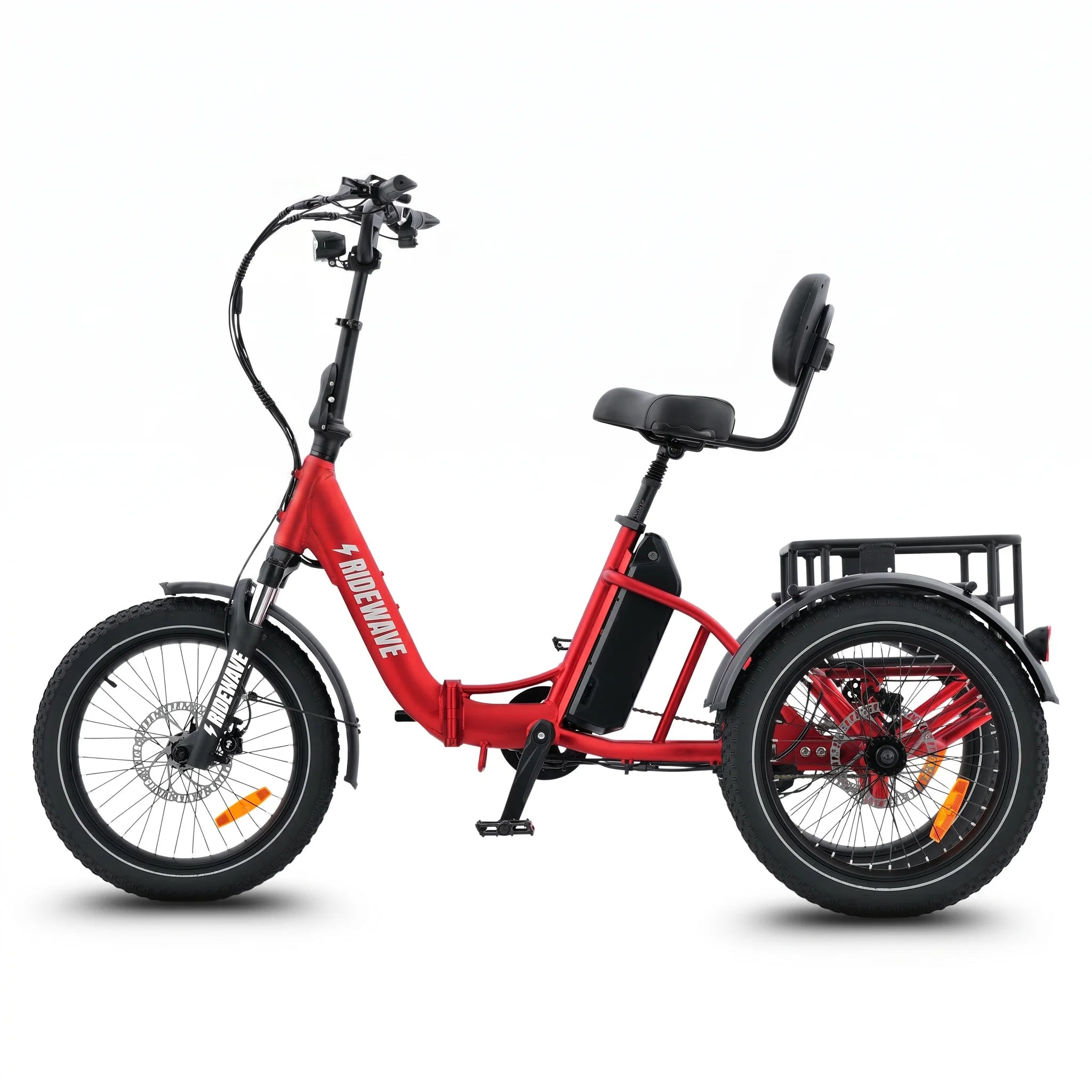 Red electric tricycle with a black seat and basket on a white background #color_red