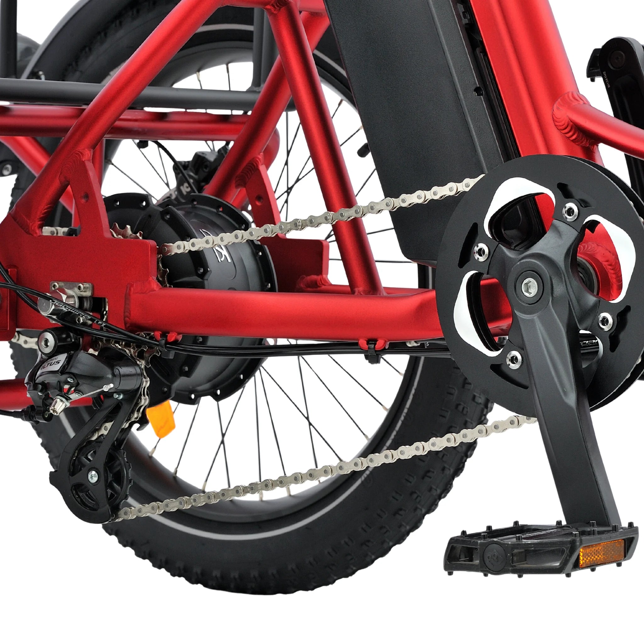 Close-up of a red electric bike's chain and gear system on a white background #color_red