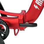 Close-up of a red bicycle frame with a black pedal on a white background #color_red