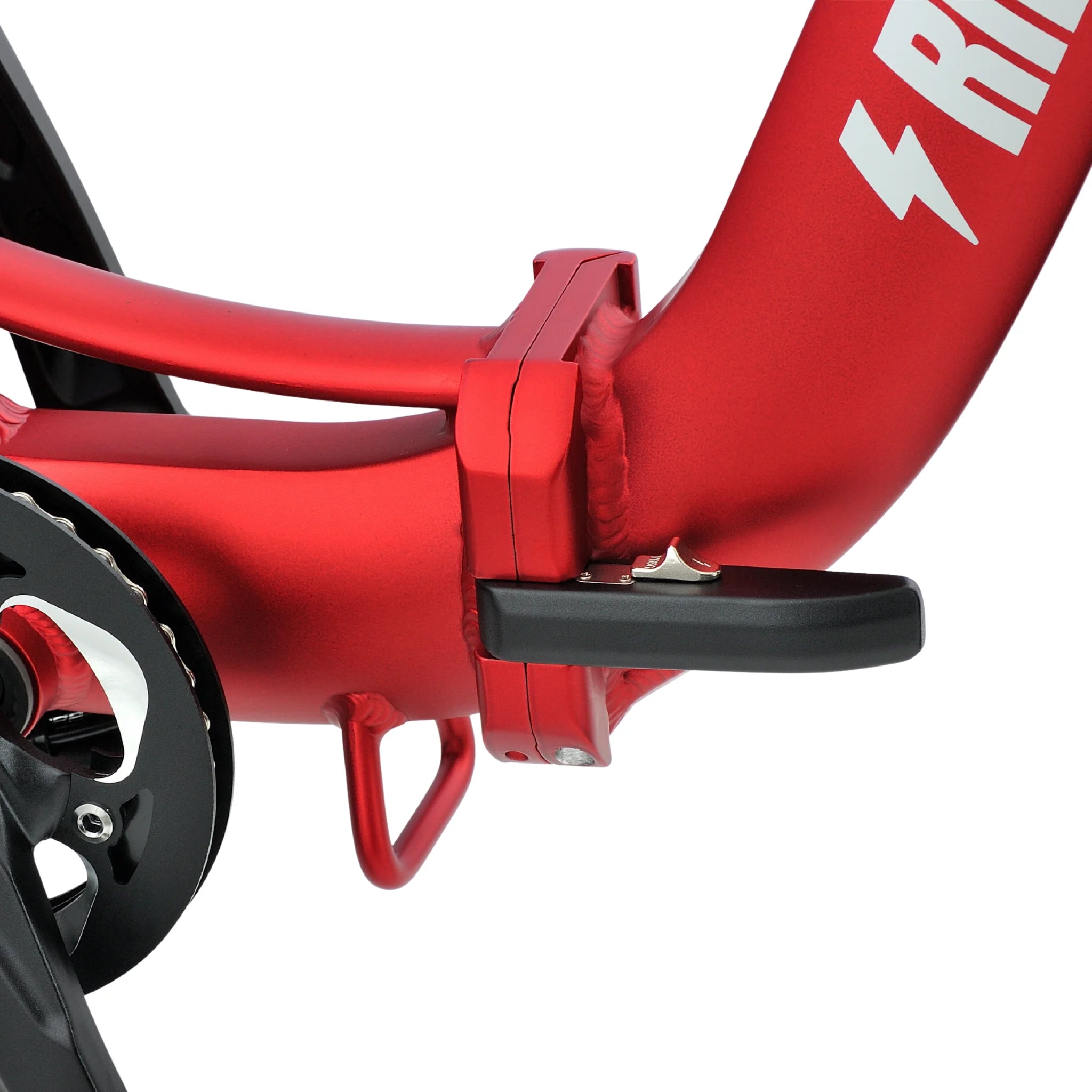 Close-up of a red bicycle frame with a black pedal on a white background #color_red