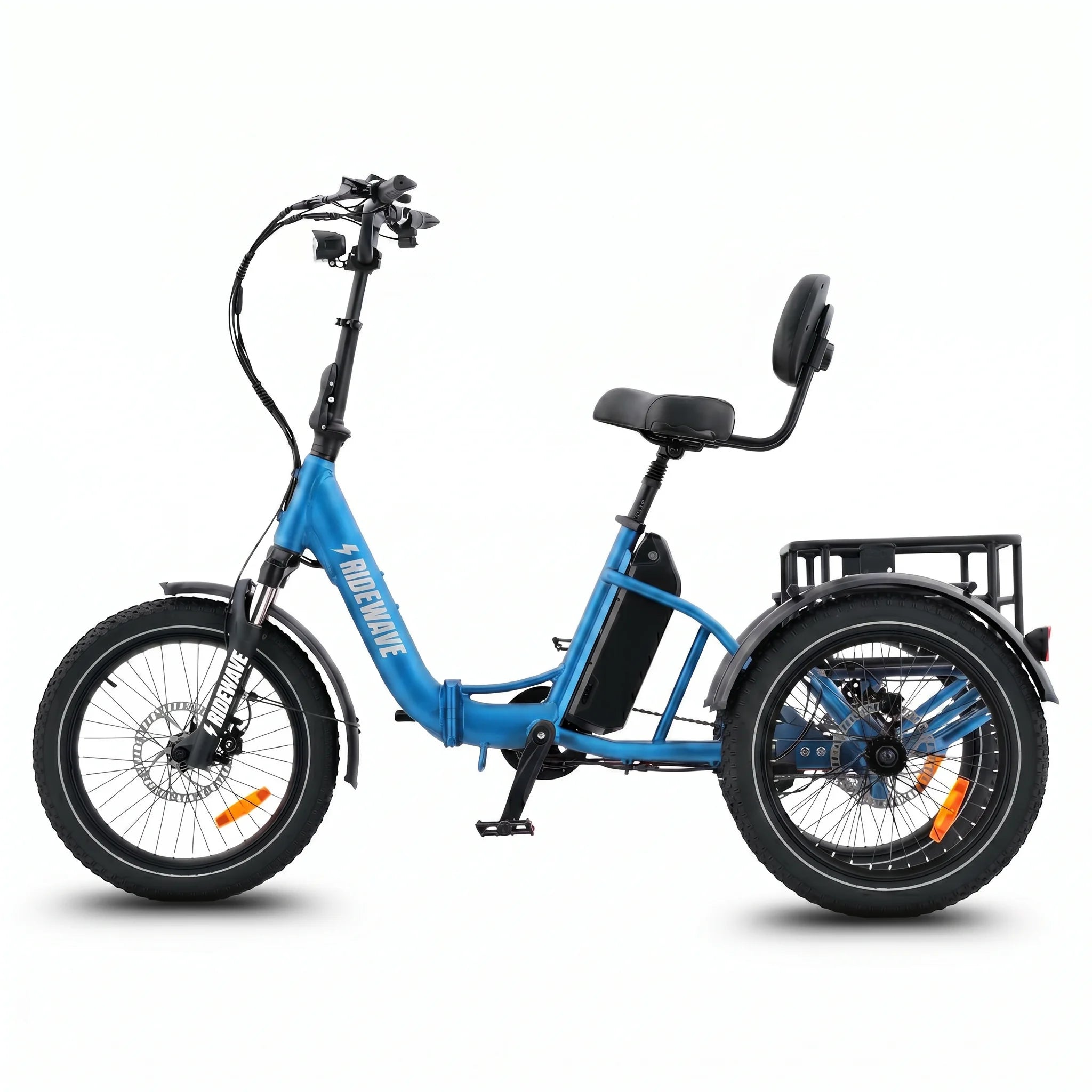 Blue electric tricycle with a seat and basket on a white background #color_sky-blue