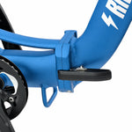 Close-up of a blue children's tricycle with a visible brand logo on a white background. #color_sky-blue