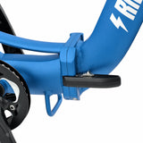 Close-up of a blue children's tricycle with a visible brand logo on a white background. #color_sky-blue