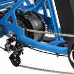 Close-up of a blue bicycle frame with chain and gear system on a white background #color_sky-blue