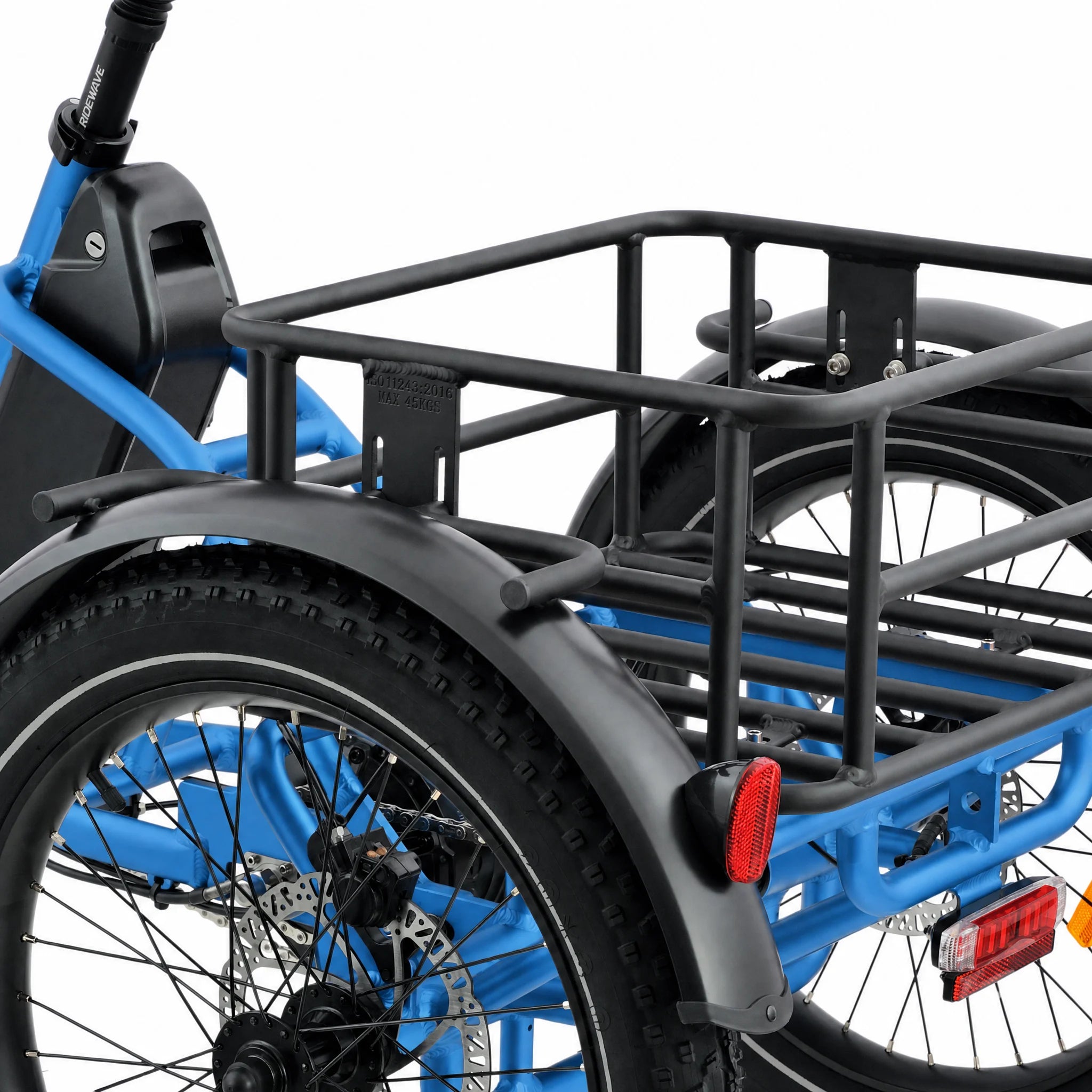 Blue and gray tricycle with a black basket on a white background #color_sky-blue