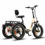 Beige electric tricycle with a black seat and rear storage rack on a white background #color_cream