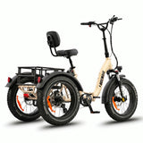 Beige electric tricycle with a black seat and rear storage rack on a white background #color_cream