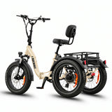 Beige electric tricycle with a seat and rear rack on a white background #color_cream