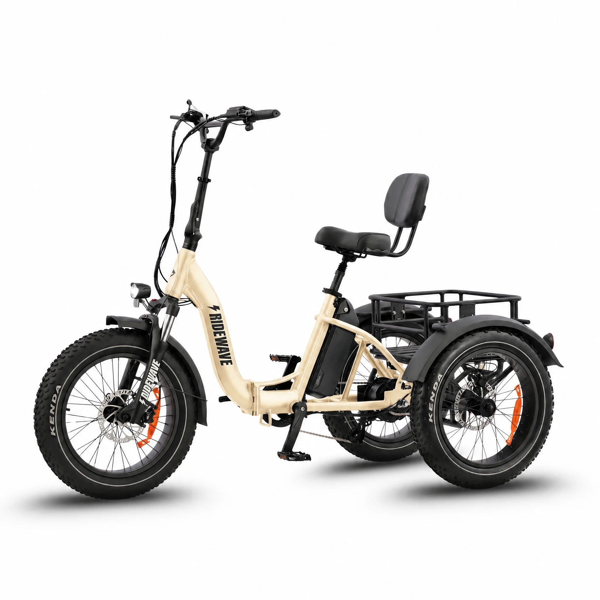 Beige electric tricycle with a seat and basket on a white background #color_cream