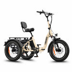 Beige electric tricycle with a seat and cargo rack on a white background #color_cream